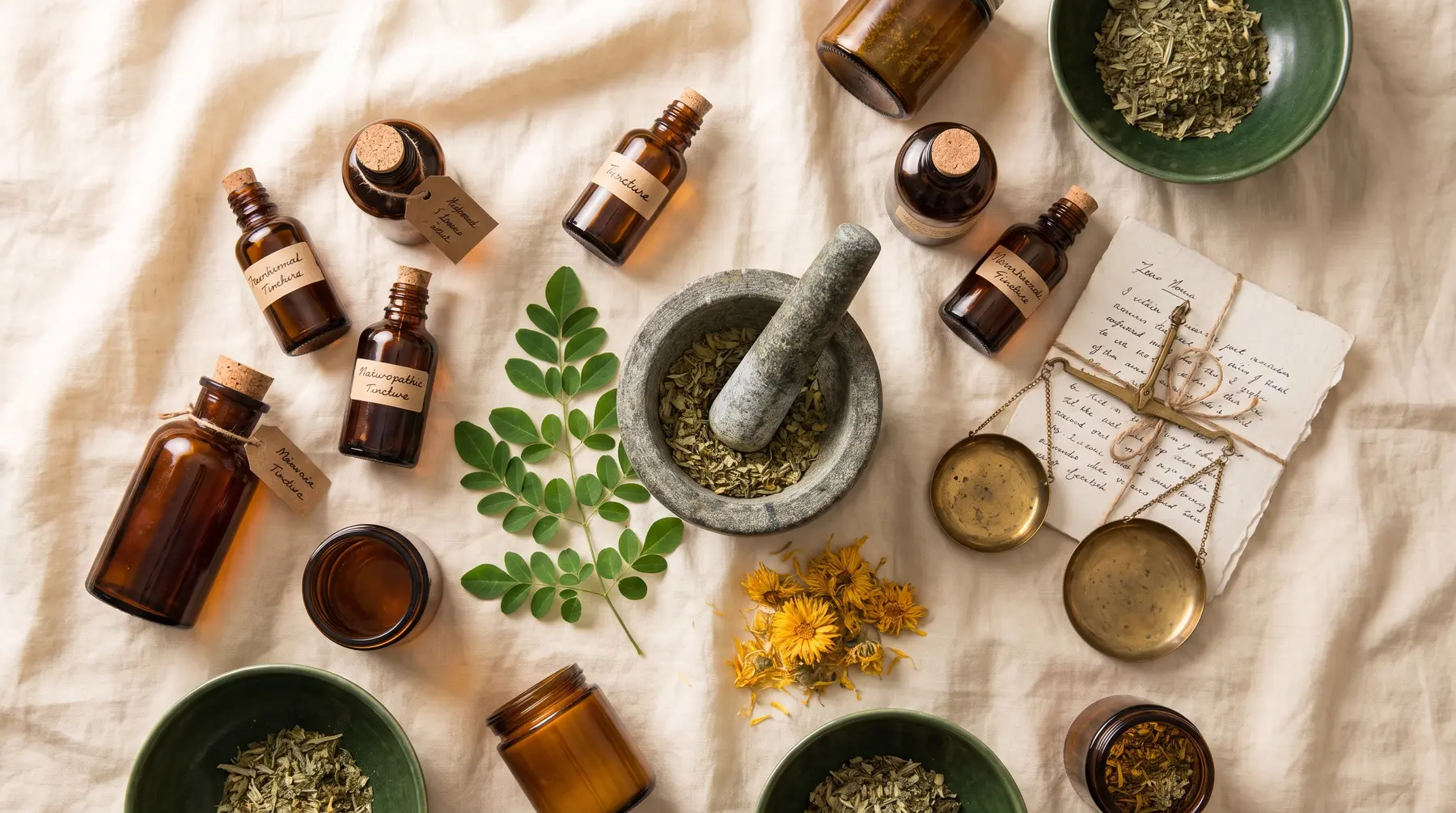 The NatuRx apothecary: tinctures, mortar and pestle, and a handwritten protocol