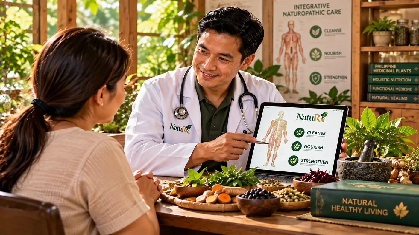 A NatuRx naturopath walking a client through a body chart while reviewing their care plan