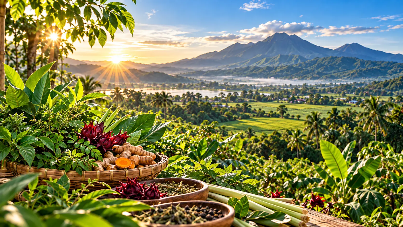 A wide view of a Philippine herbal farm in golden sunrise light