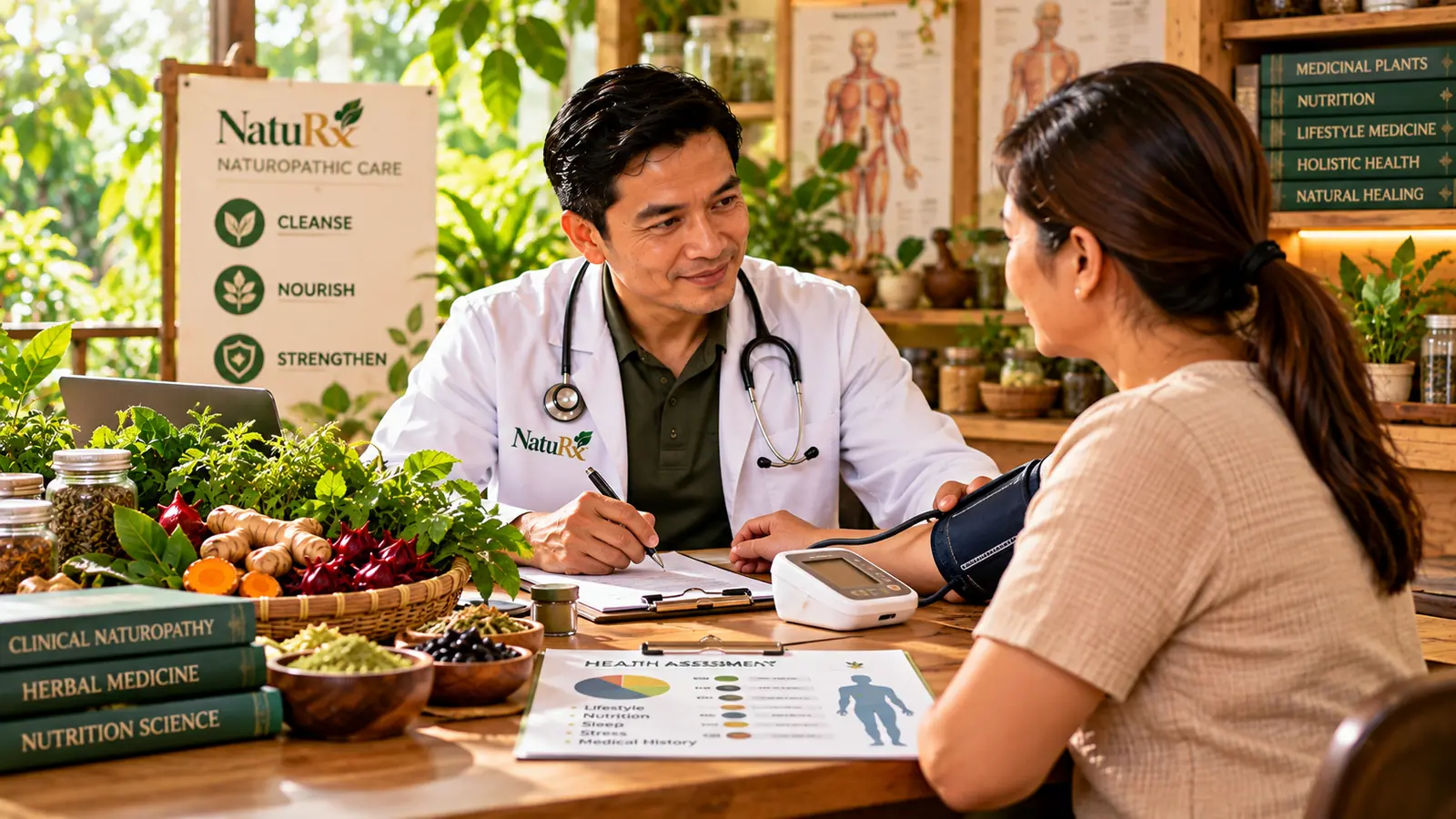 A NatuRx naturopath taking a client's blood pressure beside an anatomy chart during an in-clinic assessment