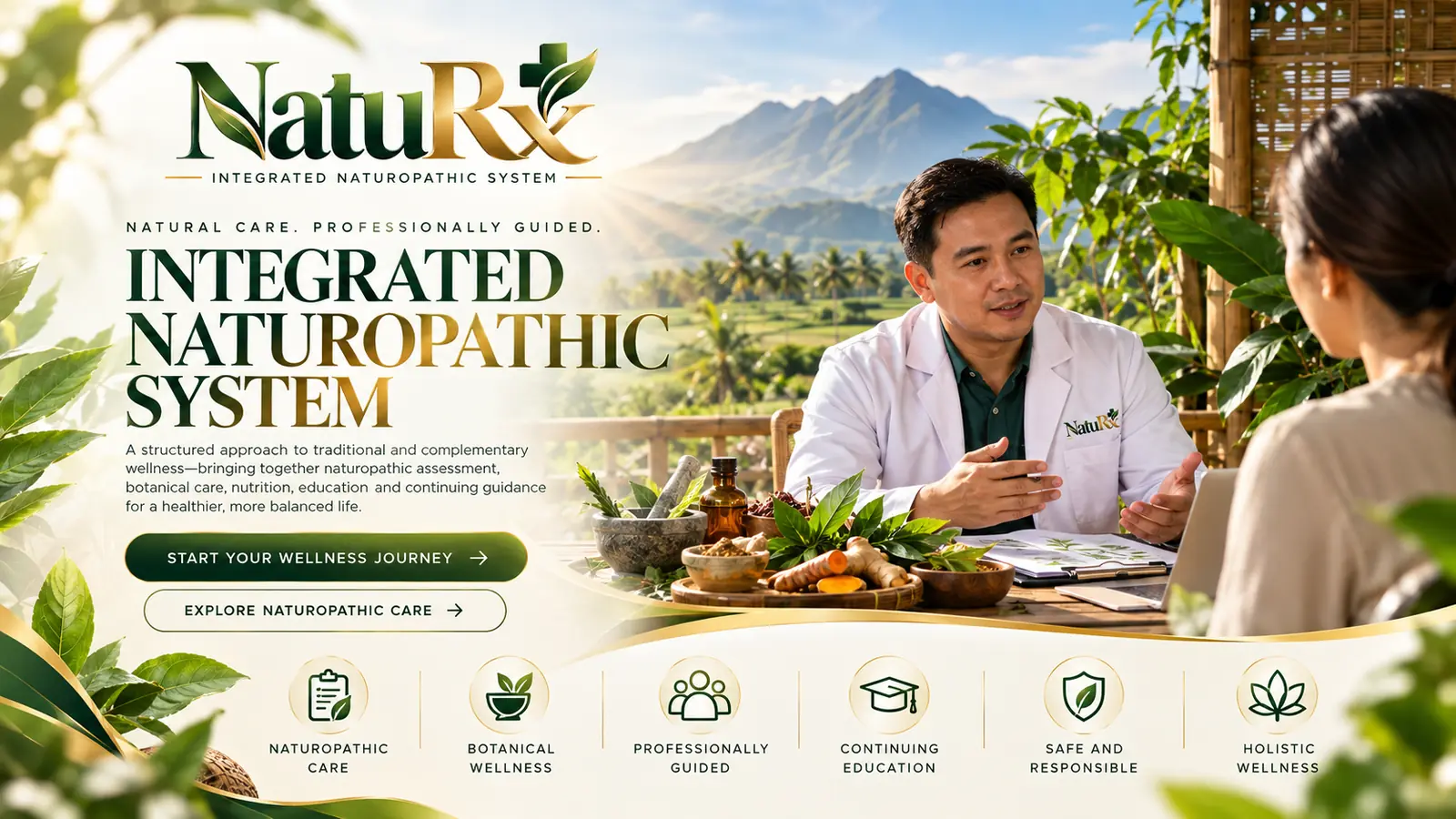 A NatuRx naturopath at the center of the integrated naturopathic system connecting clients, practitioners and learners