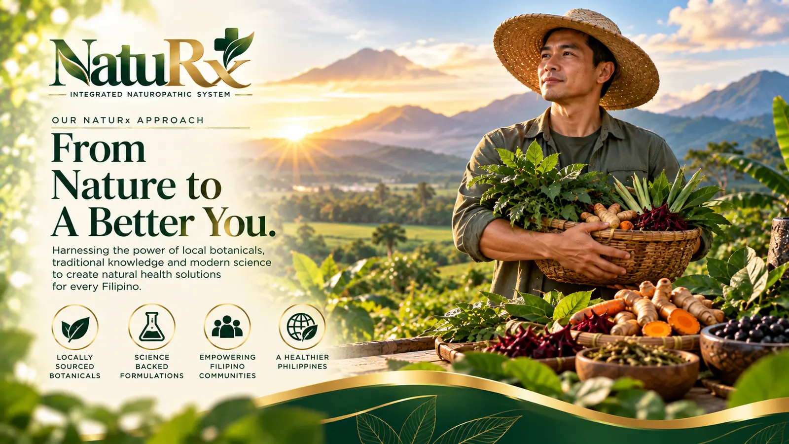 From Nature to a Better You — a NatuRx grower at sunrise with freshly harvested botanicals