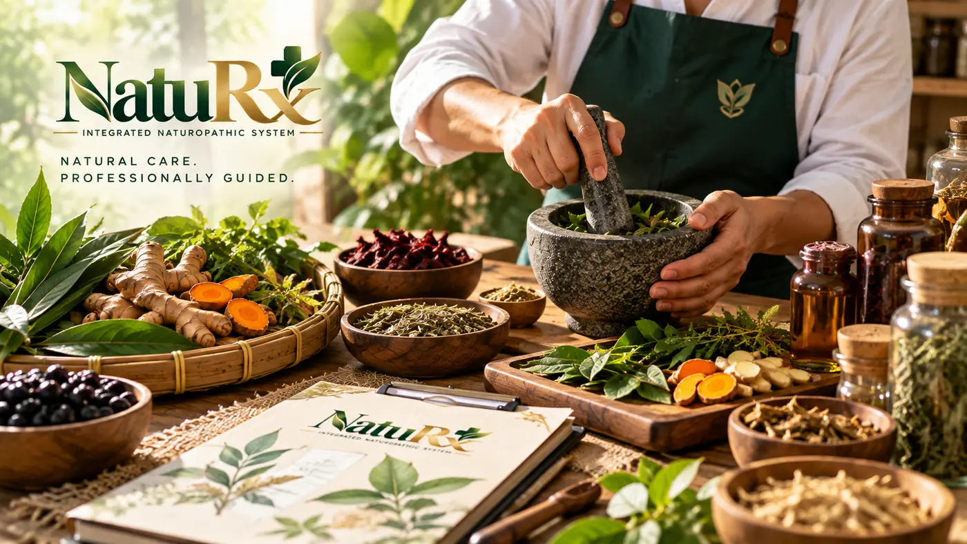 Hands grinding herbal botanicals with a traditional mortar and pestle