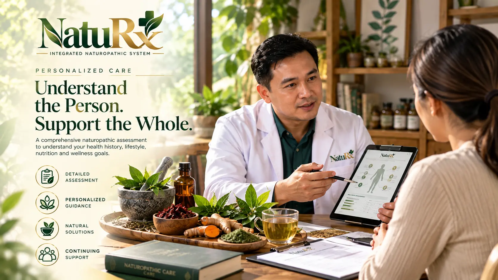 A NatuRx naturopath reviewing a client's intake on a tablet during a consultation