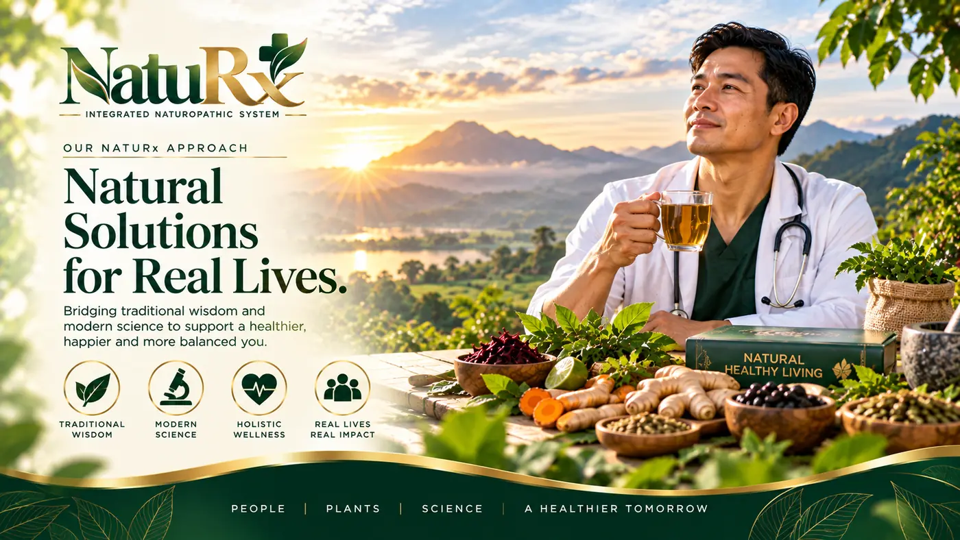A NatuRx practitioner holding a cup of herbal tea at sunrise