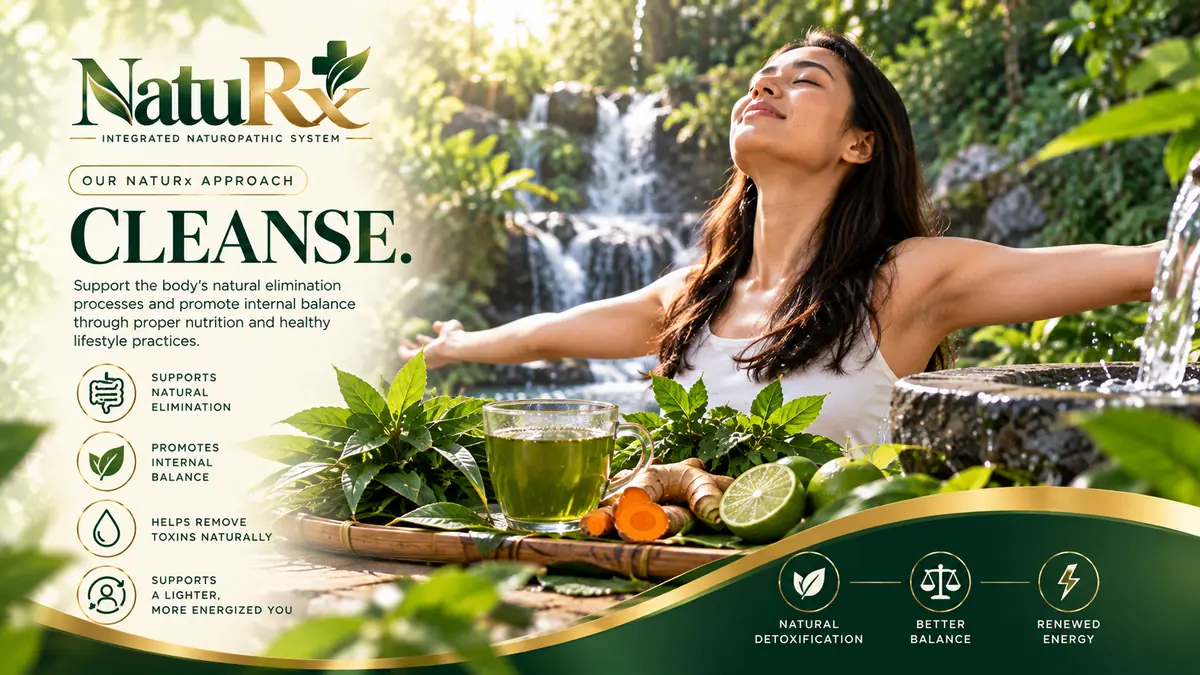 Banner reading CLEANSE: a woman standing beneath a cascading waterfall holding a fresh green juice
