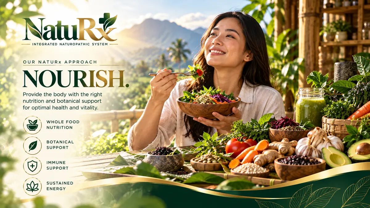 Banner reading NOURISH: a woman enjoying a nourishing bowl of whole foods