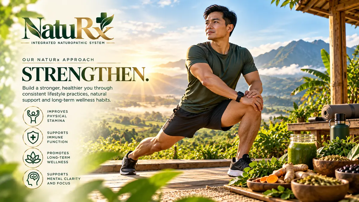 Banner reading STRENGTHEN: a man stretching outdoors, building resilience