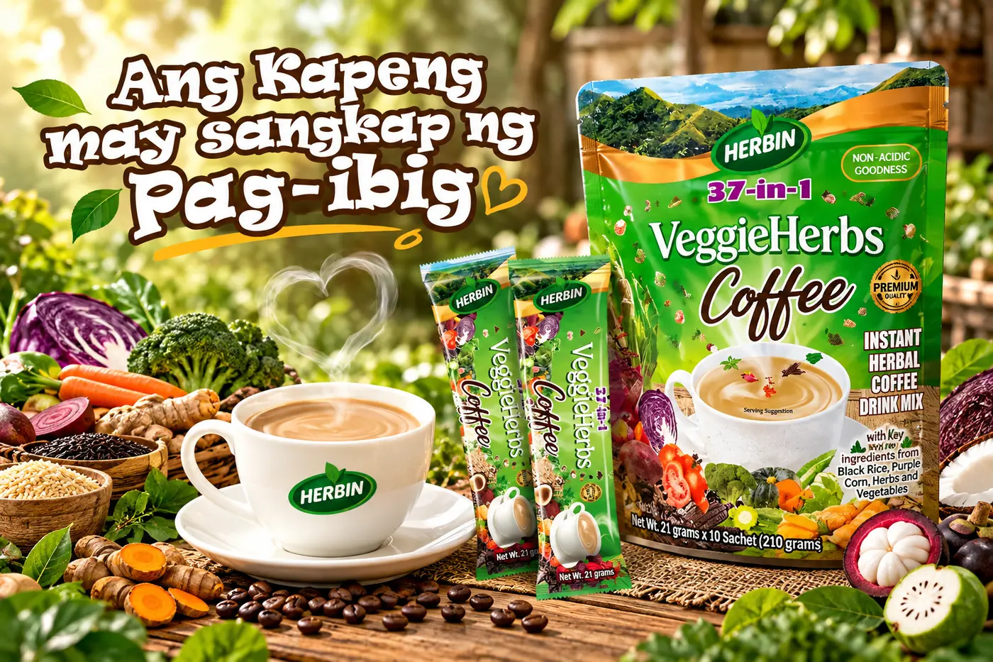 Herbin 37-in-1 VeggieHerbs Coffee — "Ang kapeng may sangkap ng pag-ibig" hero ad, instant herbal coffee mix with black rice, purple corn and 37 natural ingredients