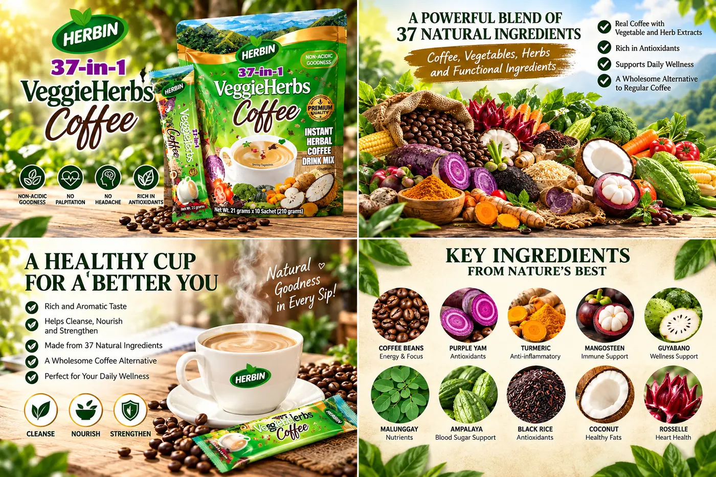Herbin VeggieHerbs Coffee ingredient breakdown — coffee beans, purple yam, turmeric, mangosteen, guyabano, malunggay, ampalaya, black rice, coconut and roselle