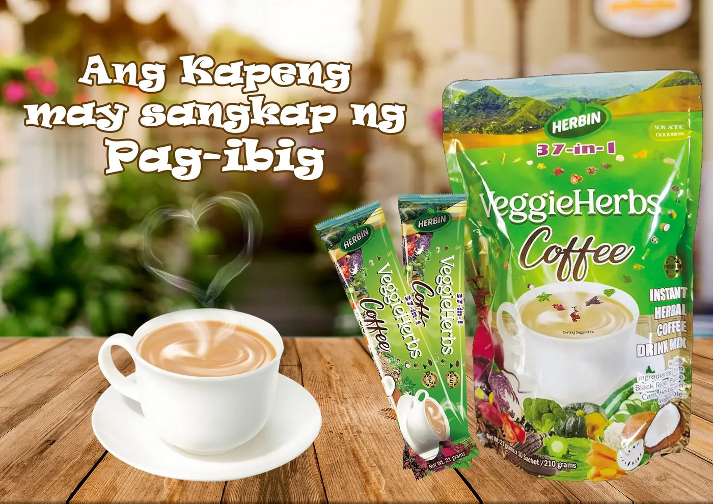 A cup of Herbin VeggieHerbs Coffee with sachets on a wooden table