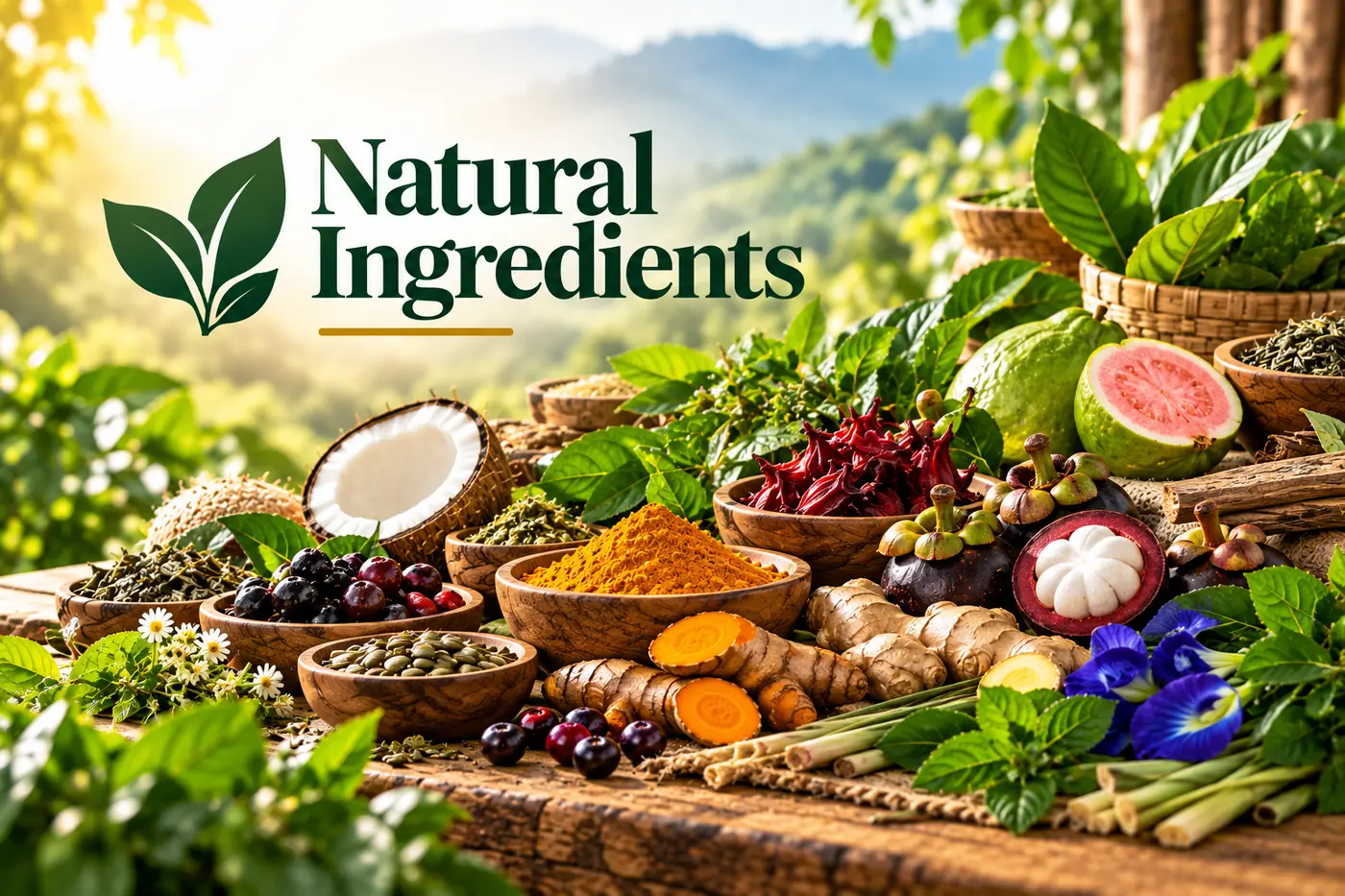 Natural Ingredients — turmeric, guava, mangosteen and mountain herbs on a Philippine highland table